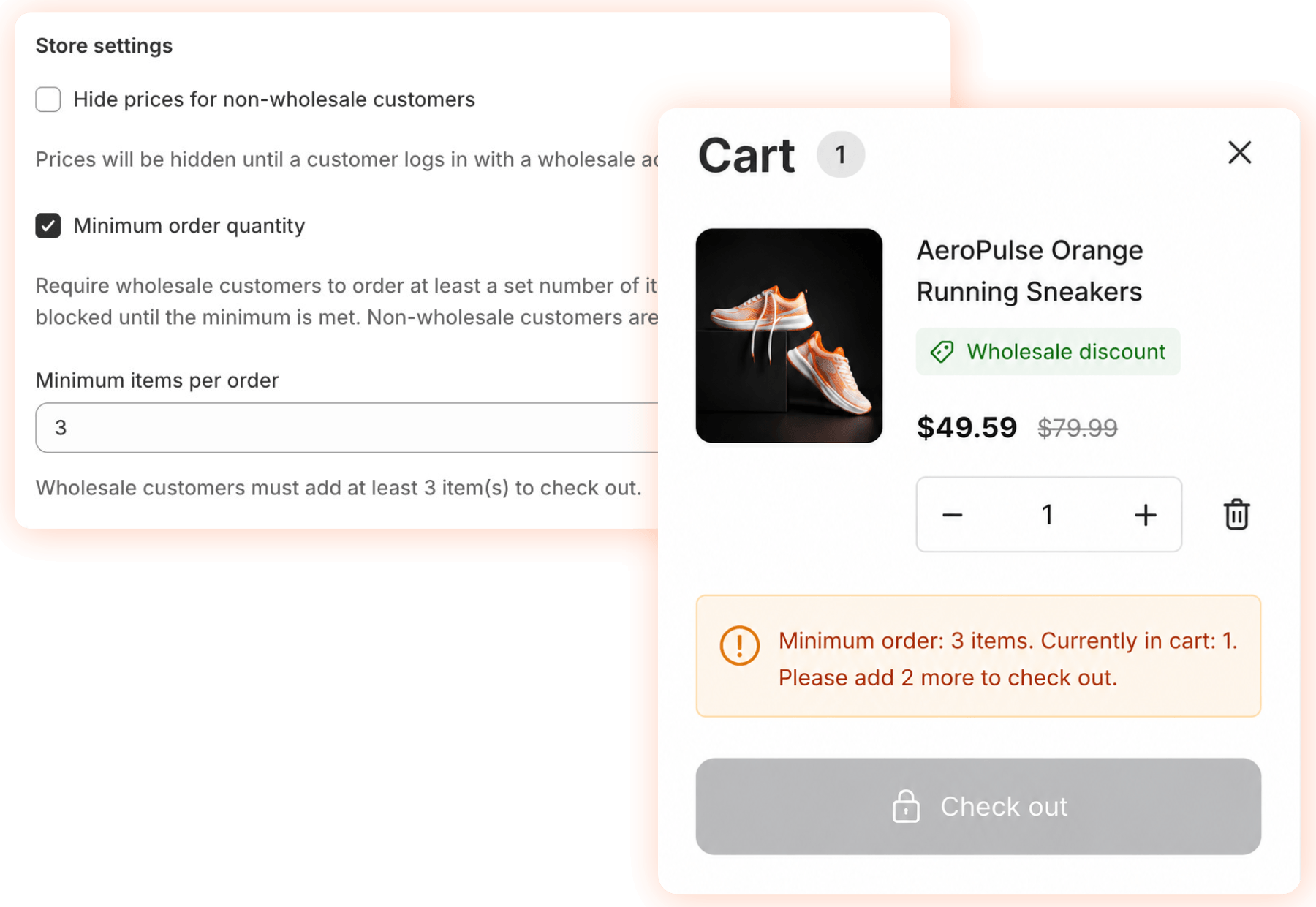 Minimum order quantity and order rule settings for wholesale products